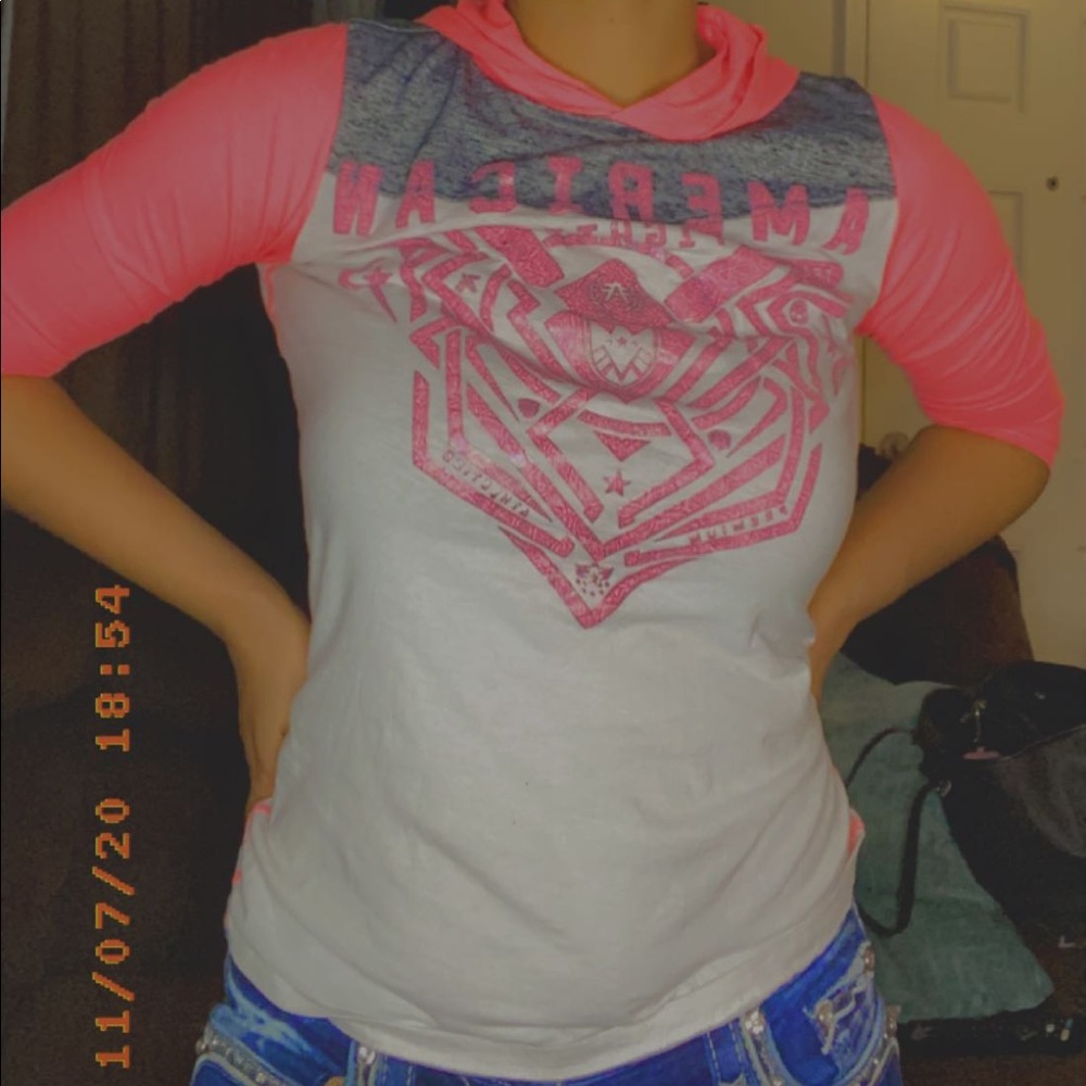 Pink white grey shirt